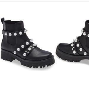 Black and Pearl Kora 2 Lug Chelsea Velcro Slip On Combat Boots With Rubber Sole